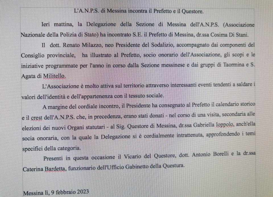 L'ANPS di Messina incontra il Prefetto e il Questore.