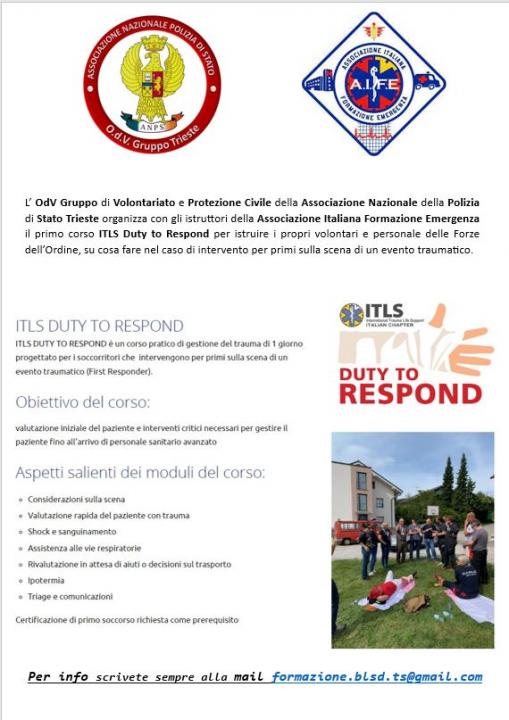 Corso Duty To Responde della ITLS-formazione per i volontari e operatori delle Forze delle Ordine